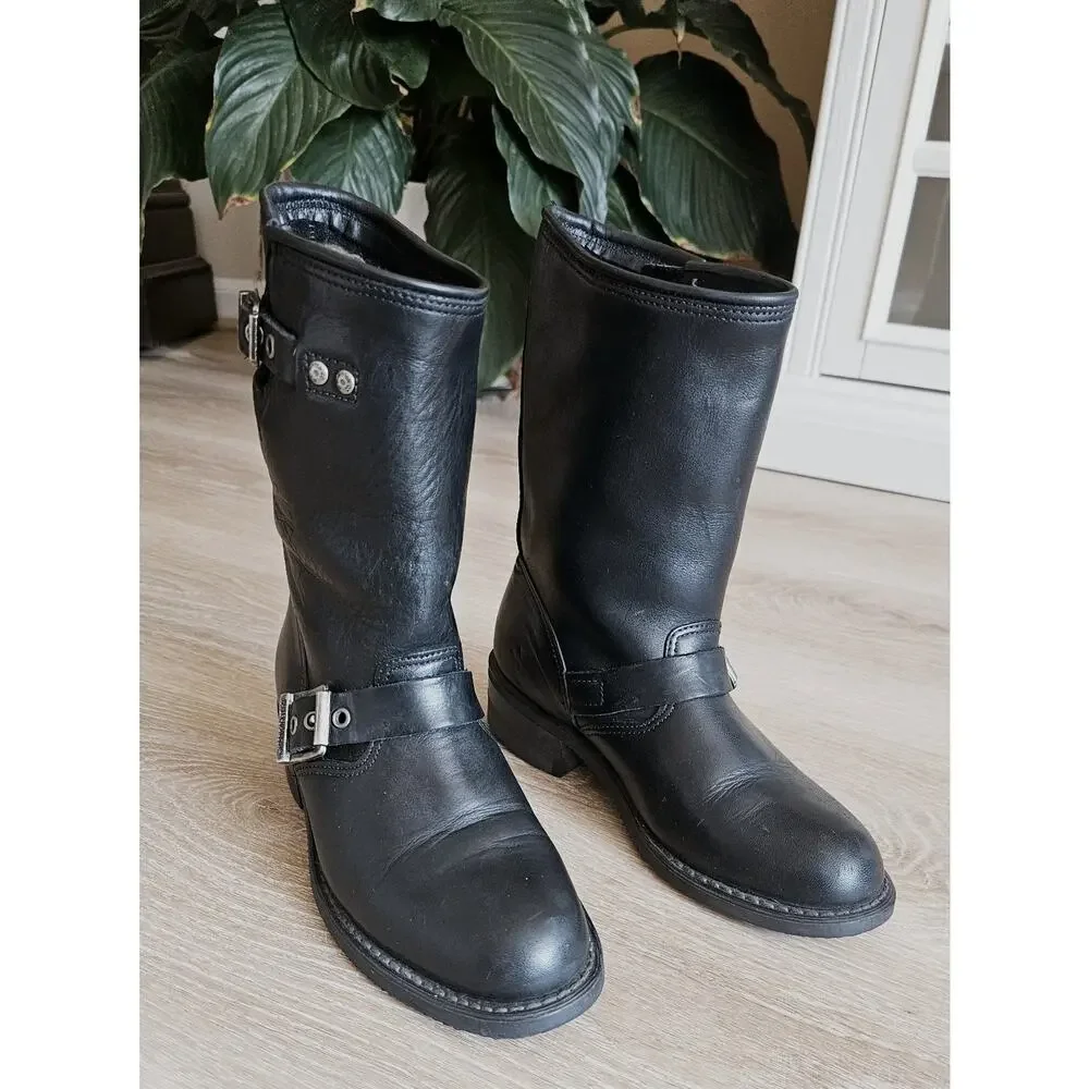 Harley Davidson 88409 Black Leather Motorcycle Boot Buckle Womens 6 Oil Resistan